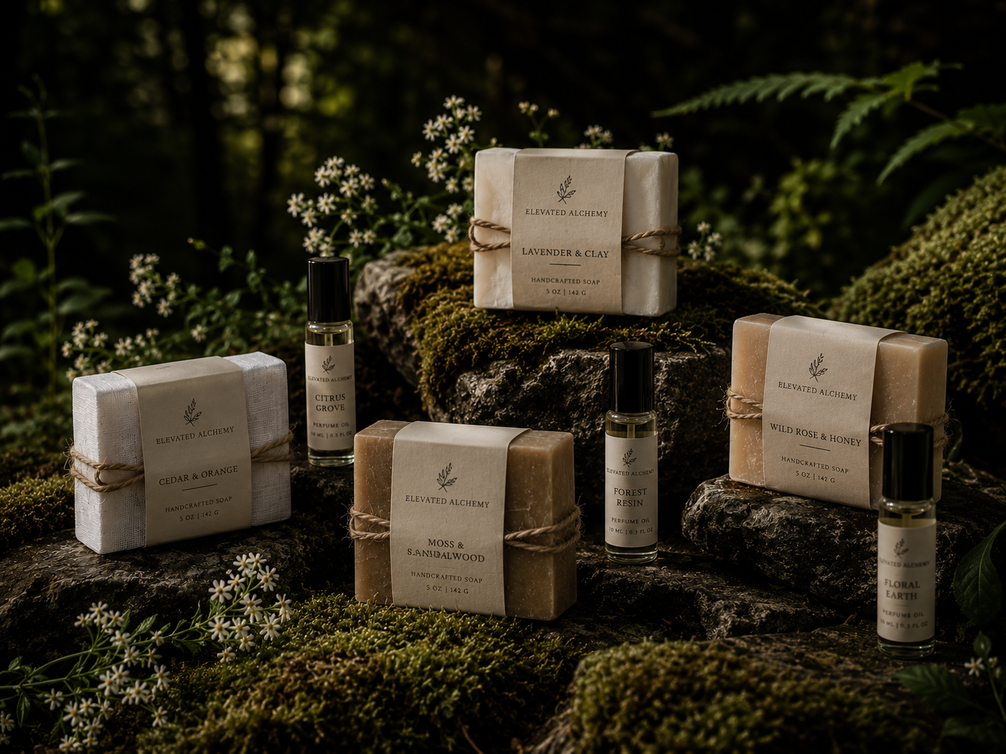 Handcrafted goat milk soap bars and roll-on scented oils resting on moss-covered stone in a forest.